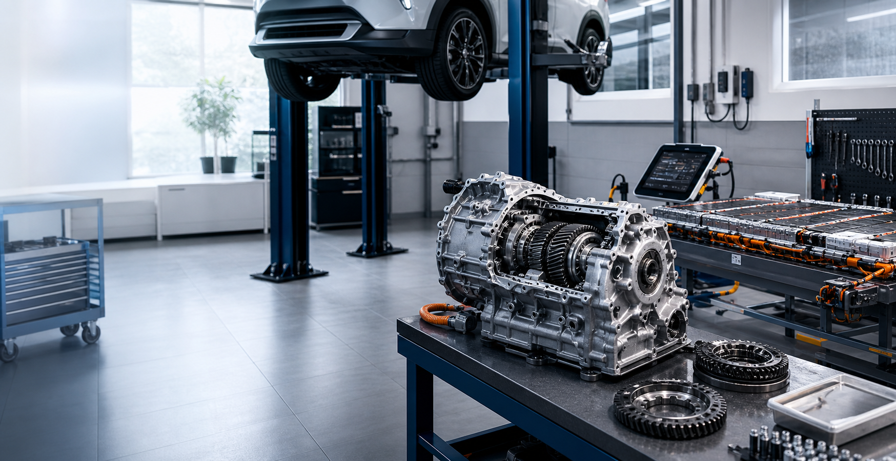 Atelier automobile moderne avec boîte de vitesse et batterie électrique